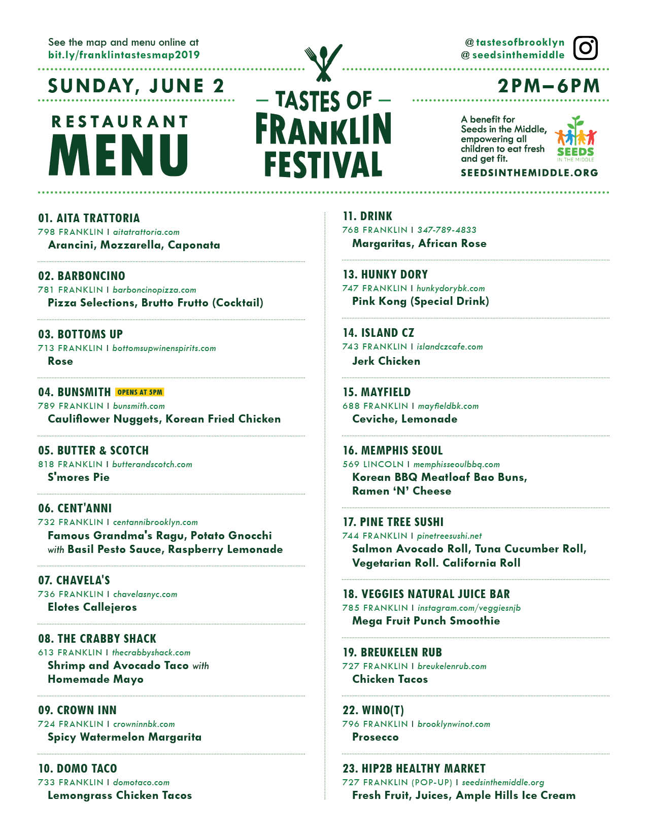Tastes of Franklin 2019 Menu